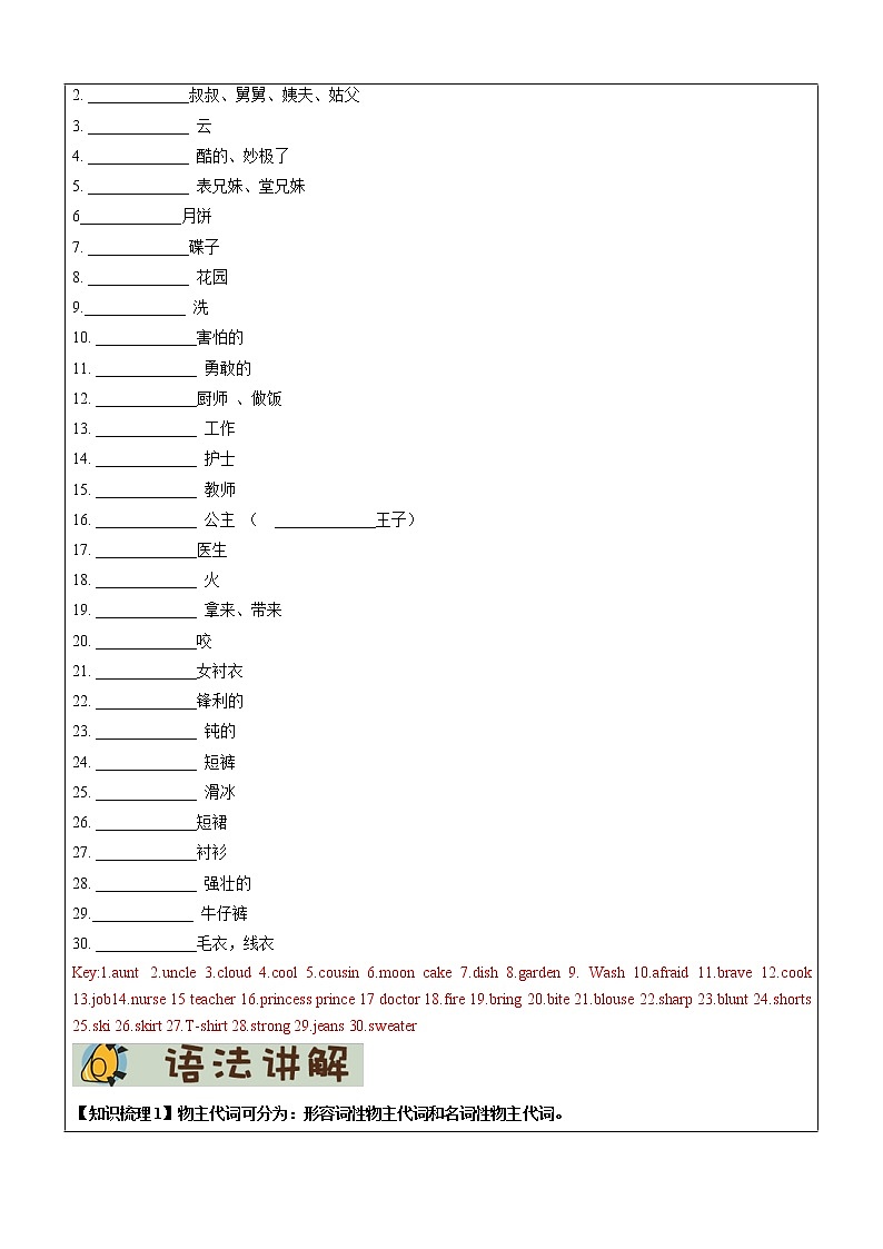 四年级上册英语同步拓展-M2 综合复习及检测讲义    牛津上海版（一起）02