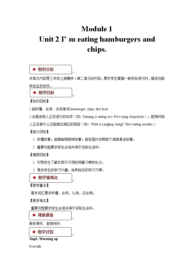 Module 1 Unit 2 I’m eating hamburgers and chips教学设计第1页