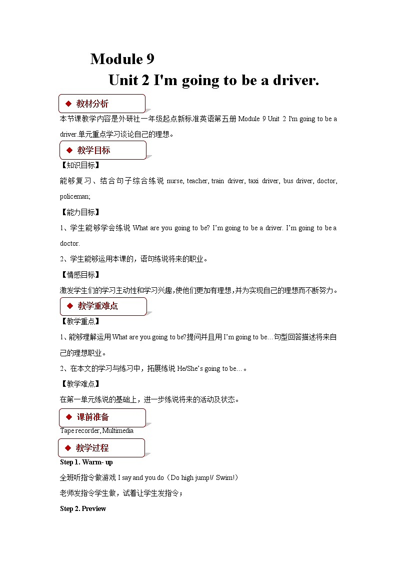 Module 9 Unit 2 I’m going to be a driver 教学设计01