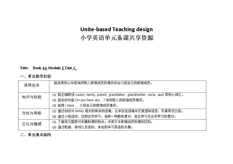 新牛津上海版英语四年级上册unit 4 do you have any cousins？ 单元整体教学设计（3课时）01