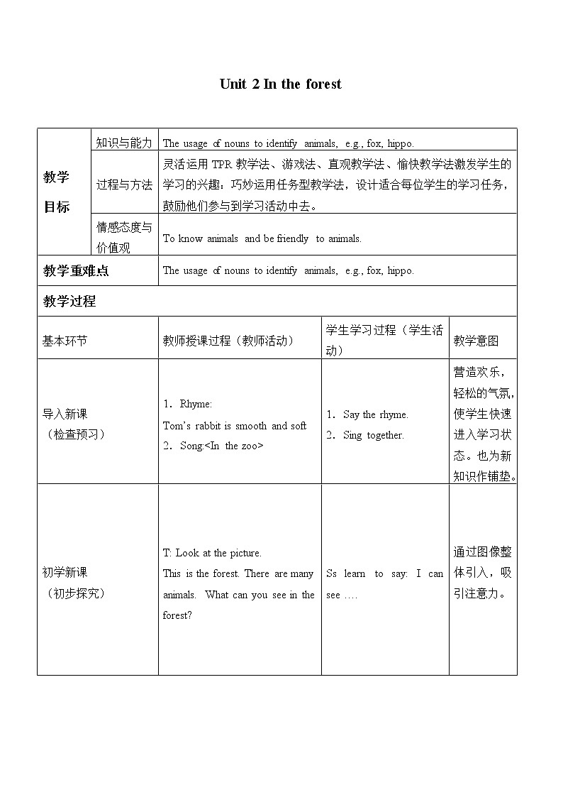 Module 4 Unit 2 In the forest 教案（表格式）01