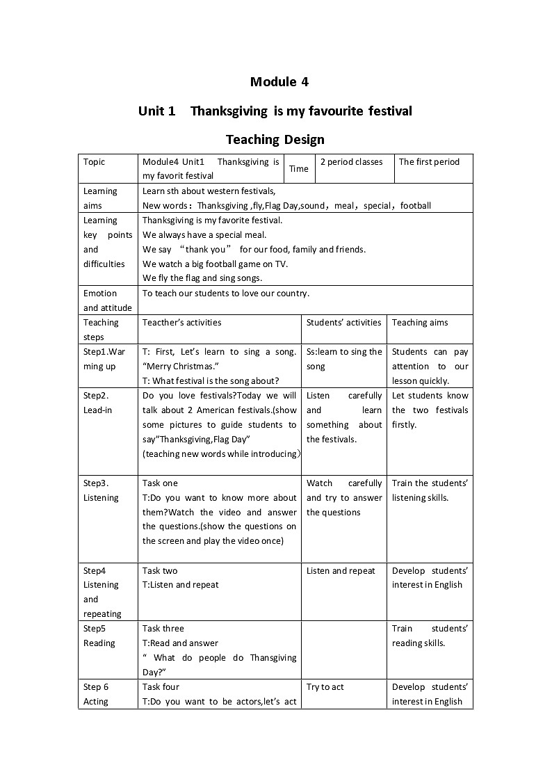 外研版英语（三年级起点）六年级上册Module4 Unit1 Thanksgiving is my favourite festival的课堂设计第1页