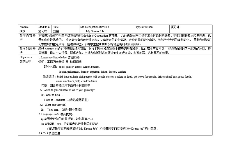 教科版（广州）小学英语四上 M6U12 What's your father's job？ 教案01