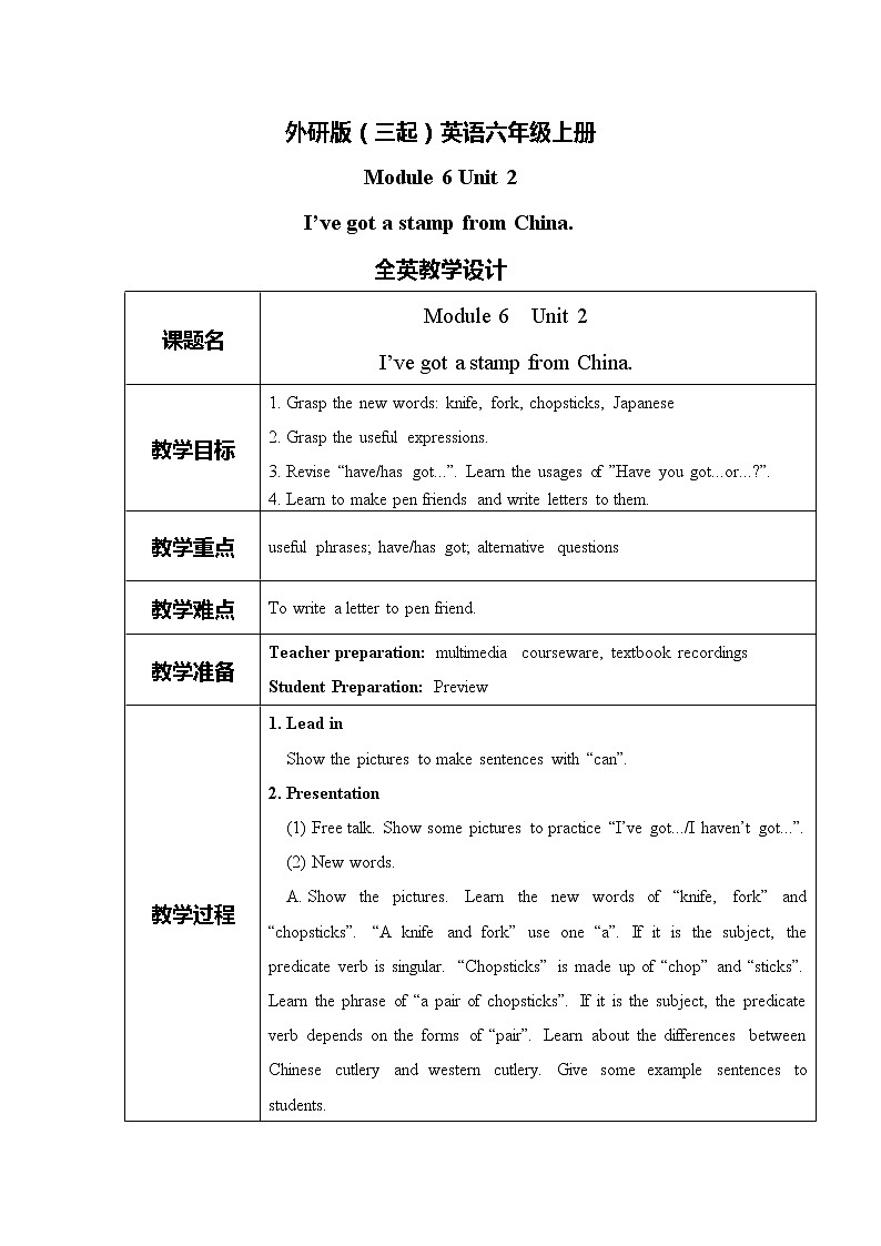 外研版（三起）六上 Module6Unit2 I 've got a stamp from China.教学设计第1页