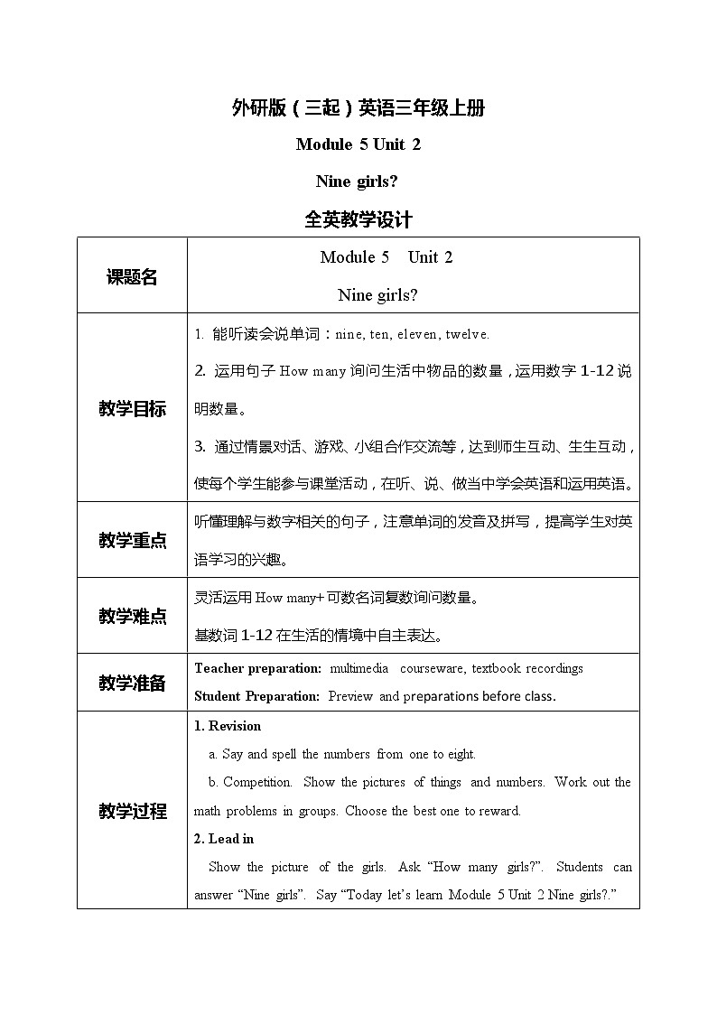 外研版（三起）三上 Module5Unit2 Nine girls课件+教学设计01