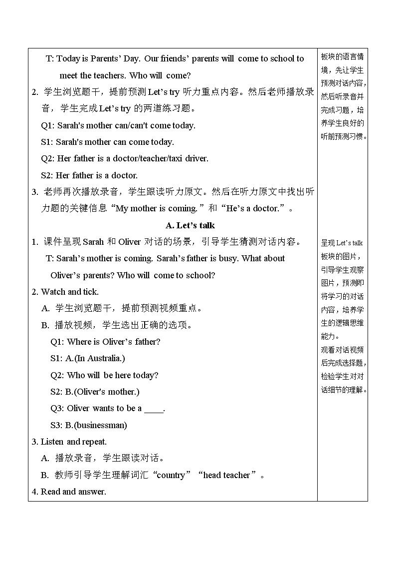 人教PEP版英语六年级上册Unit 5 What does he do？ PA Let's try & Let's talk  表格式教案（含反思）02