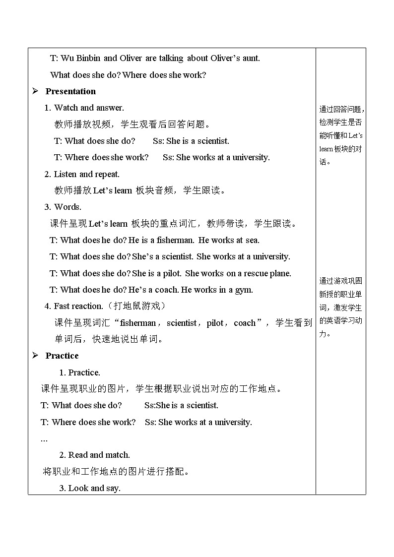 人教PEP版英语六年级上册Unit 5 What does he do？ PB Let's learn & Write and discuss  表格式教案（含反思）02