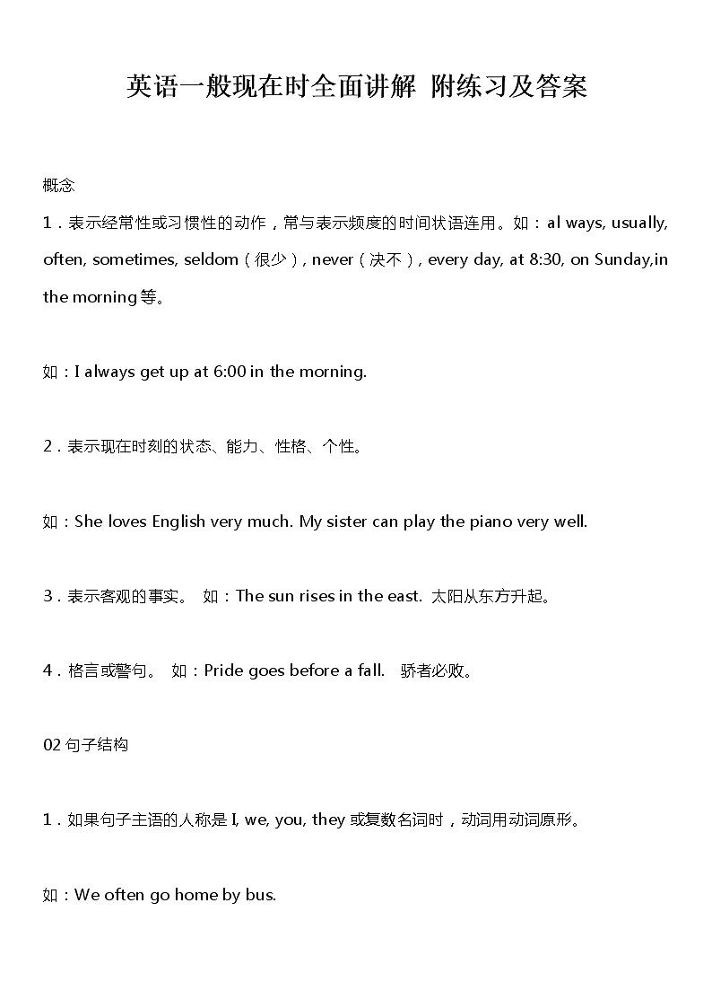 小学英语一般现在时知识点全面讲解附练习及答案第1页