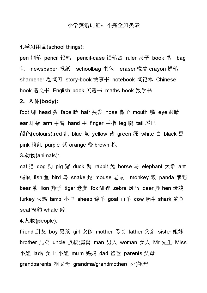 六年级英语上册小学英语不完全词汇归类表第1页