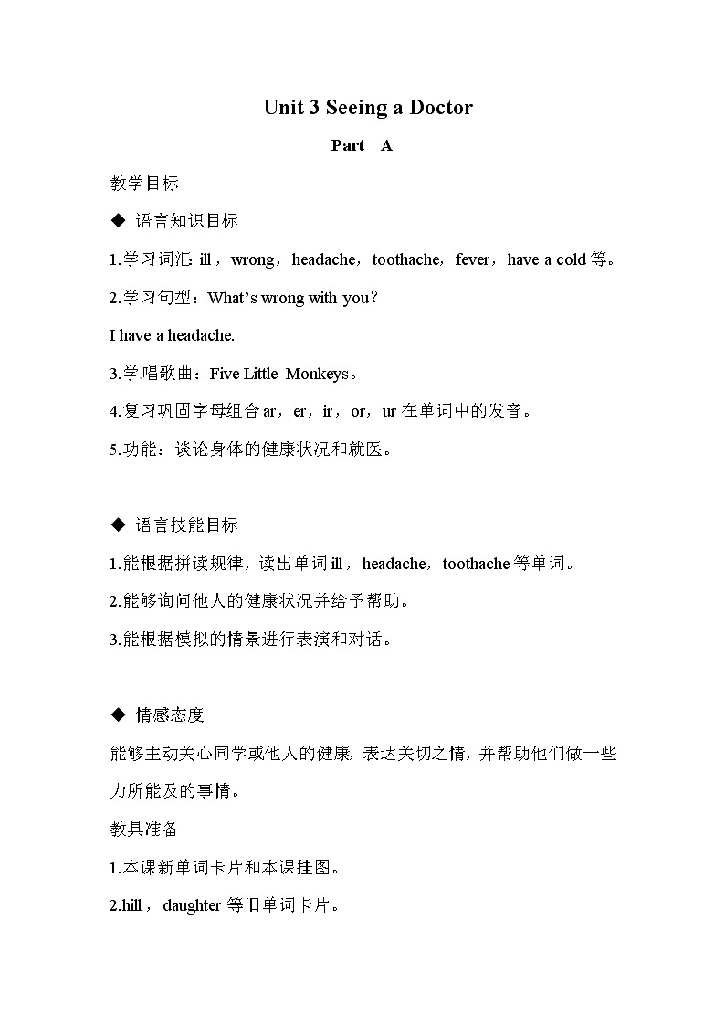 (闽教)六年度英语下册 Unit 3 Seeing a doctor Part  A 精品教学PPT课件+教案01