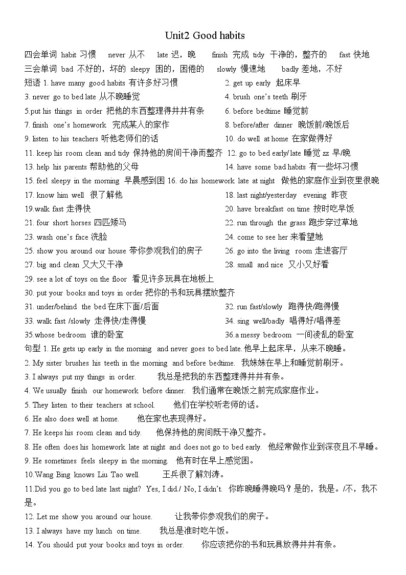 牛津译林版6B Unit2 Good habits单元知识重点学案01