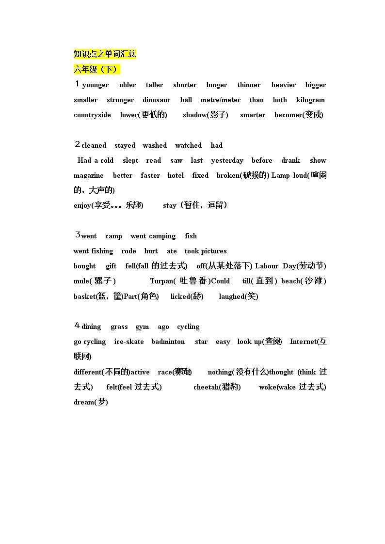 六年级英语下册人教三起点pep版  知识点之单词汇总(1)第1页