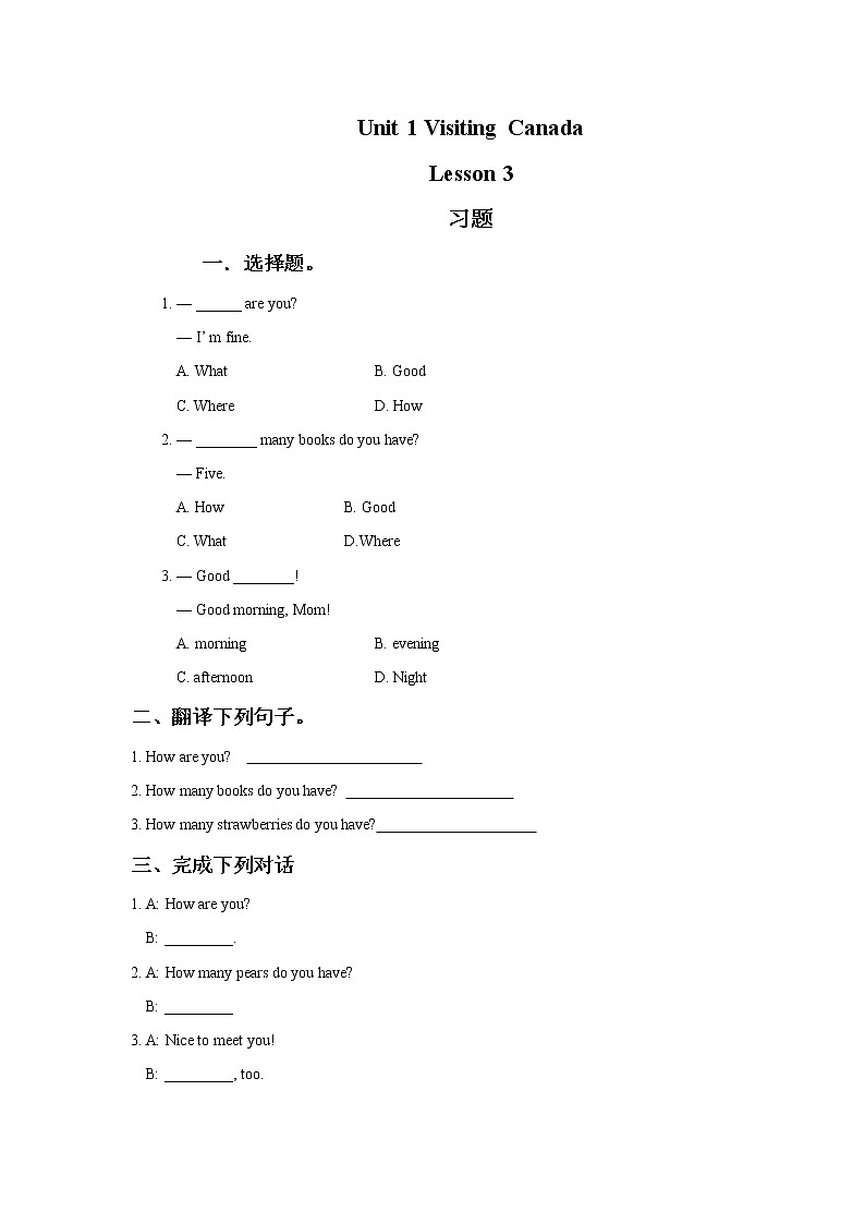 六年级英语下册 Unit1 Visiting Canada Lesson 3 习题第1页
