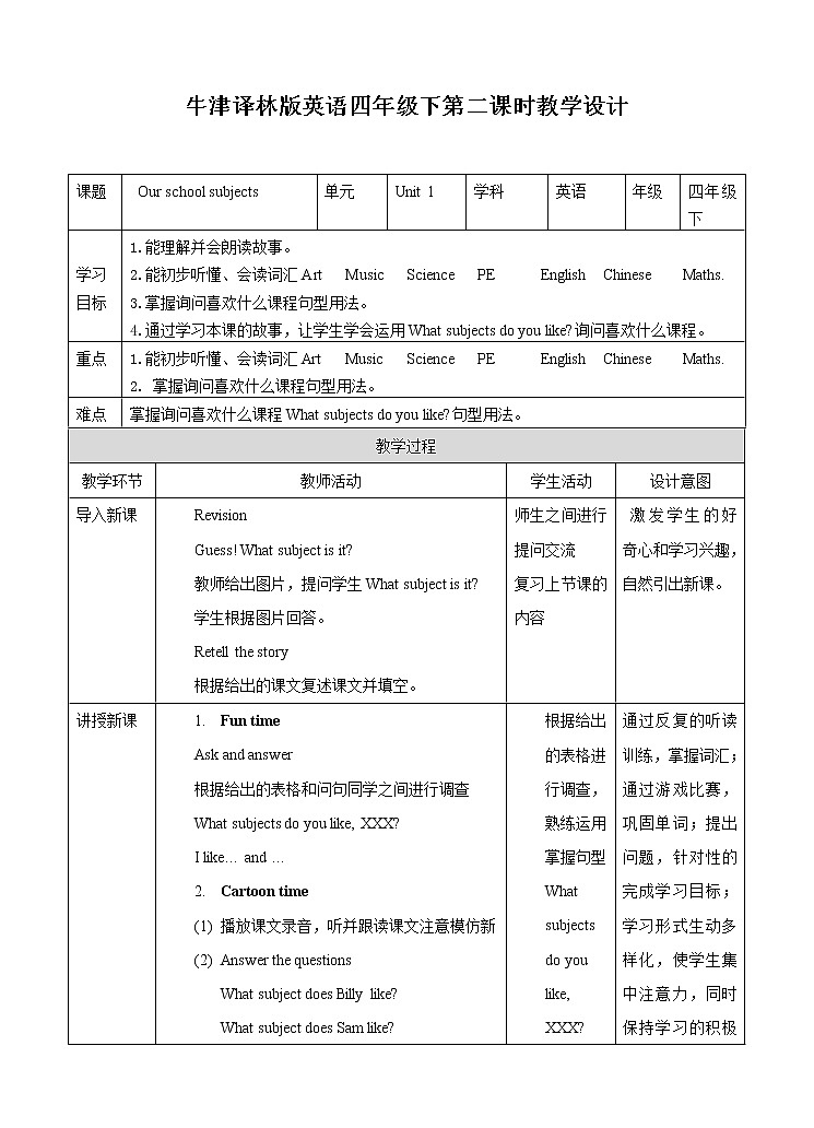 牛津译林版英语四年级下册 Unit 1 Our school subjects 第二课时（课件+教案+练习+素材）01