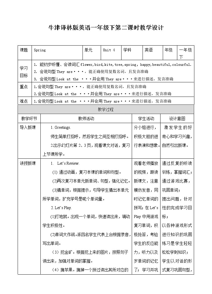 译林版英语一年级下册 Unit 4 Spring 第2课时 （课件+教案+习题）01