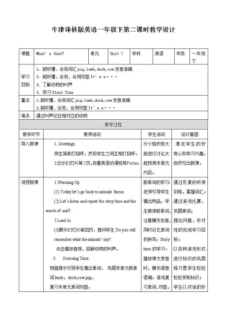 译林版英语一年级下册 Unit 7 What’s that 第二课时 （课件+教案+练习）01