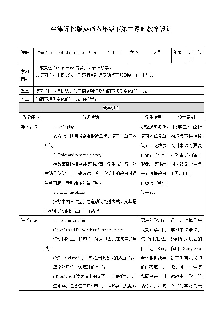 译林版英语六年级下册 Unit 1 The lion and the mouse 第二课时（课件+教案+练习）01