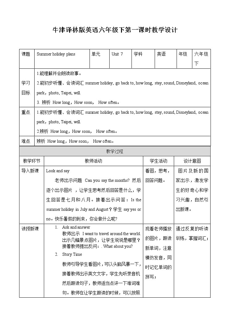 译林版英语六年级下册 Unit7 Summer holidays plans 第一课时（课件+教案+练习+素材）01