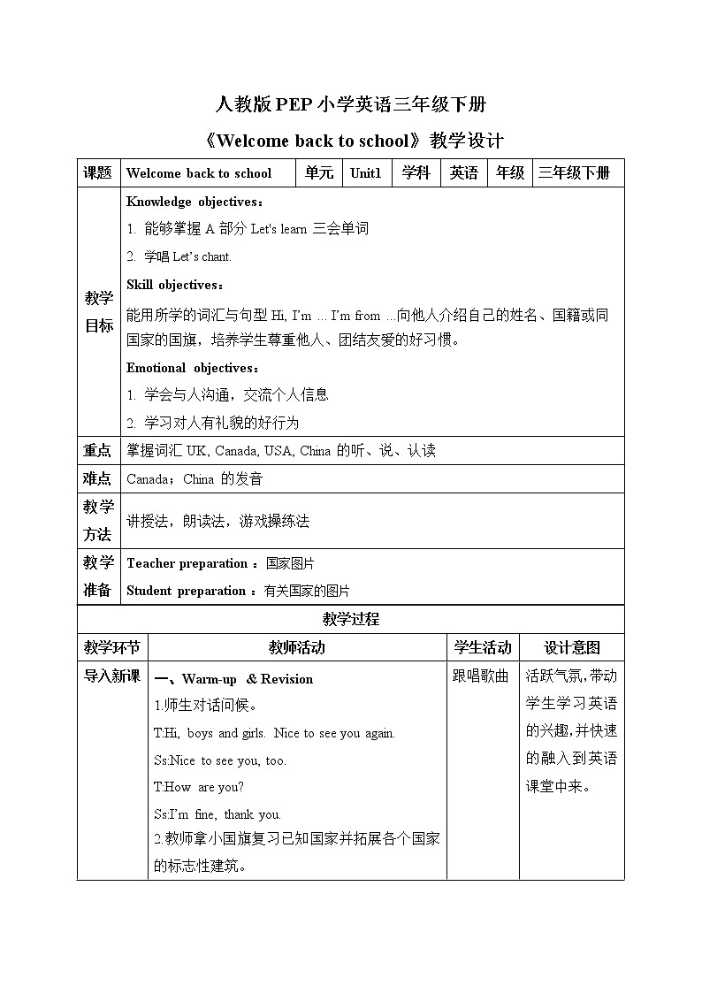 小学英语三下Welcome back to school!PartA2 课件PPT+教案+同步练习(3)01