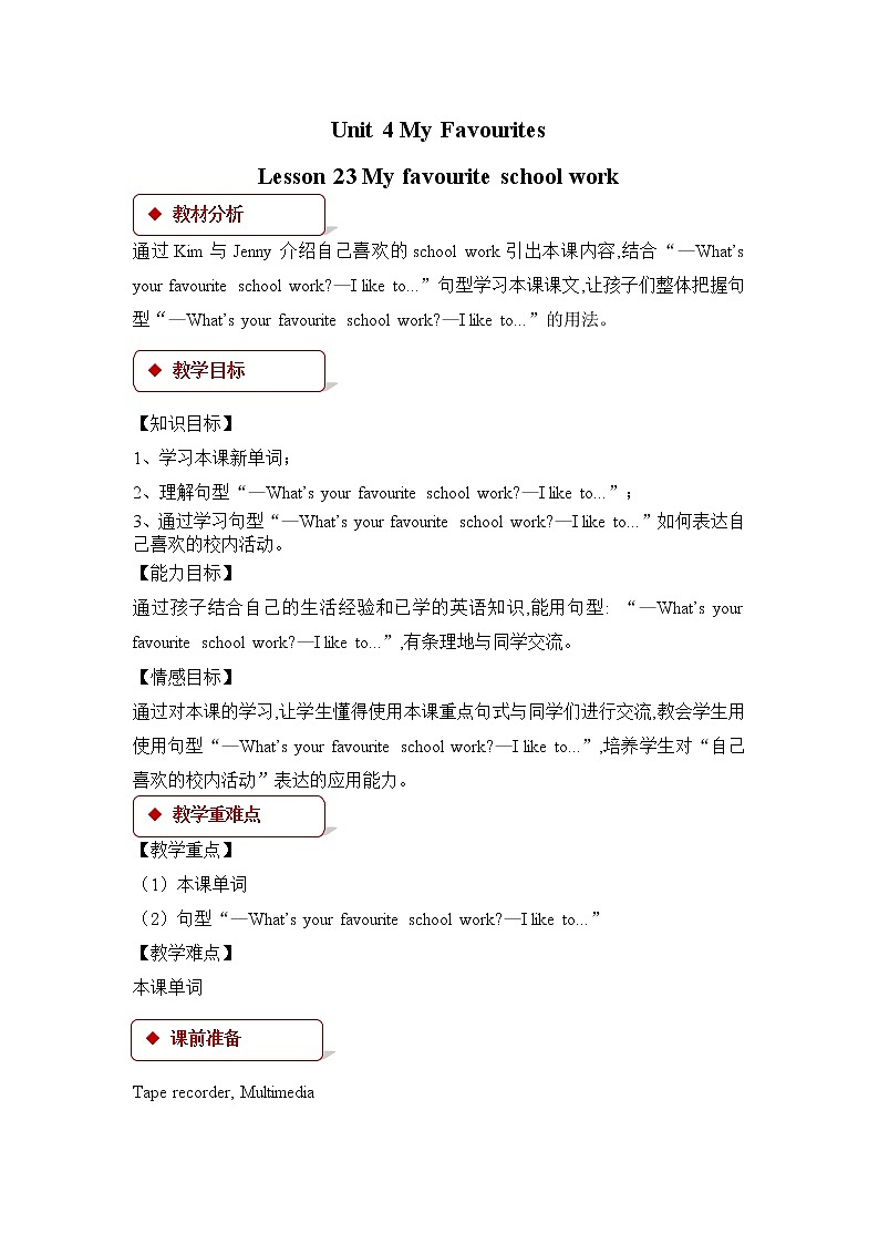 Unit 4 Lesson 23 My Favourite School Work第1页