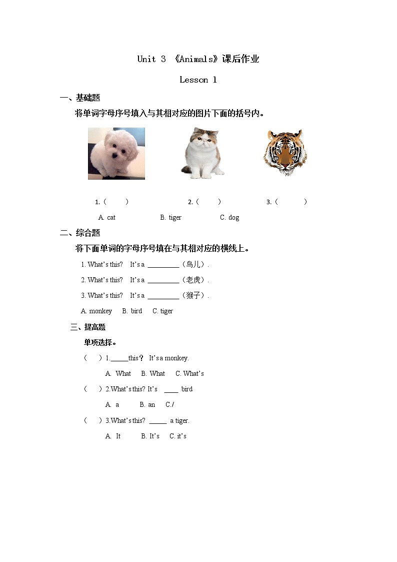 Unit 3  Animals（同步练习）人教版新起点一年级上册英语第1页