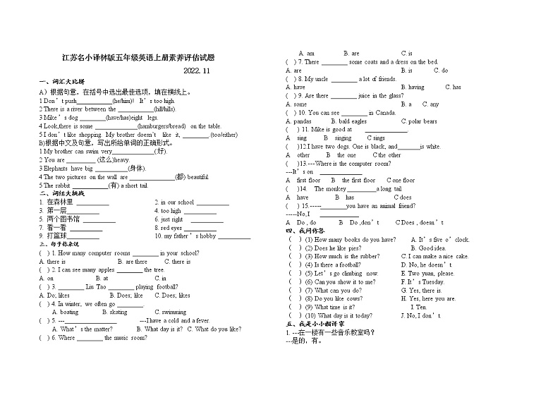 （真题）江苏名小译林版五年级英语上册11月素养评估试题（有答案）01