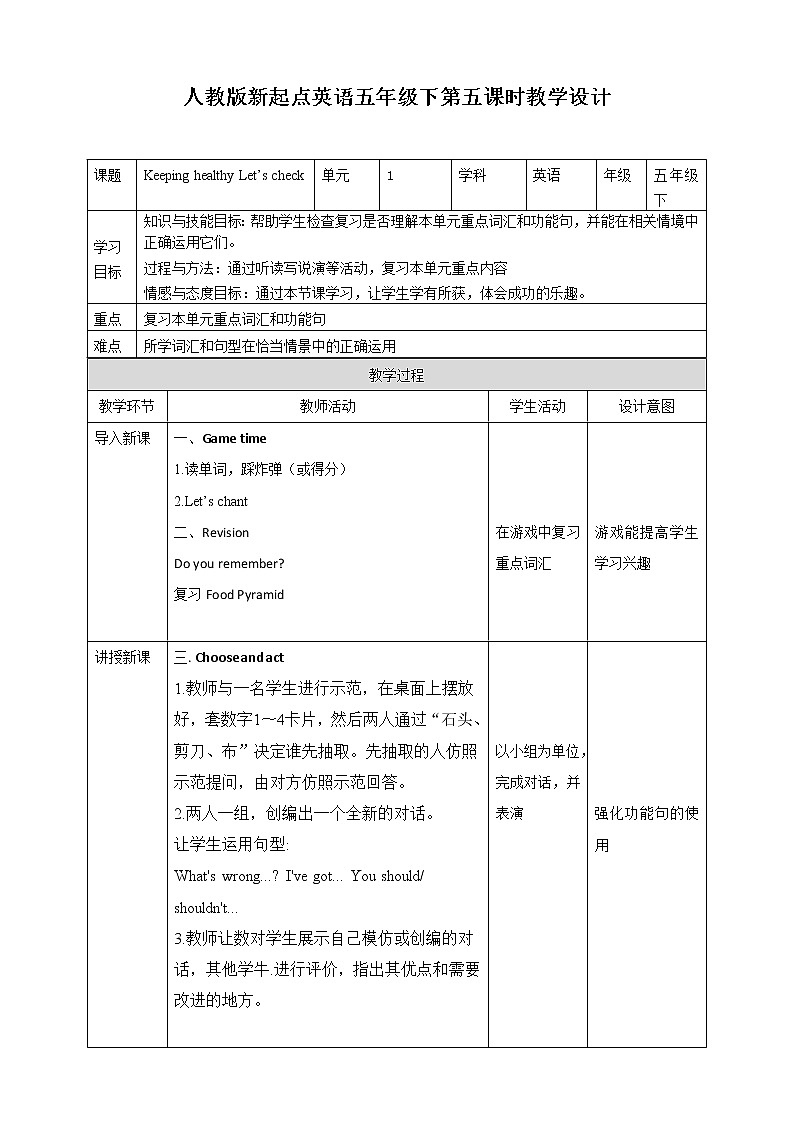 Unit 1 Keeping healthy Let‘s check人教新起点五下英语 课件+教案+练习01