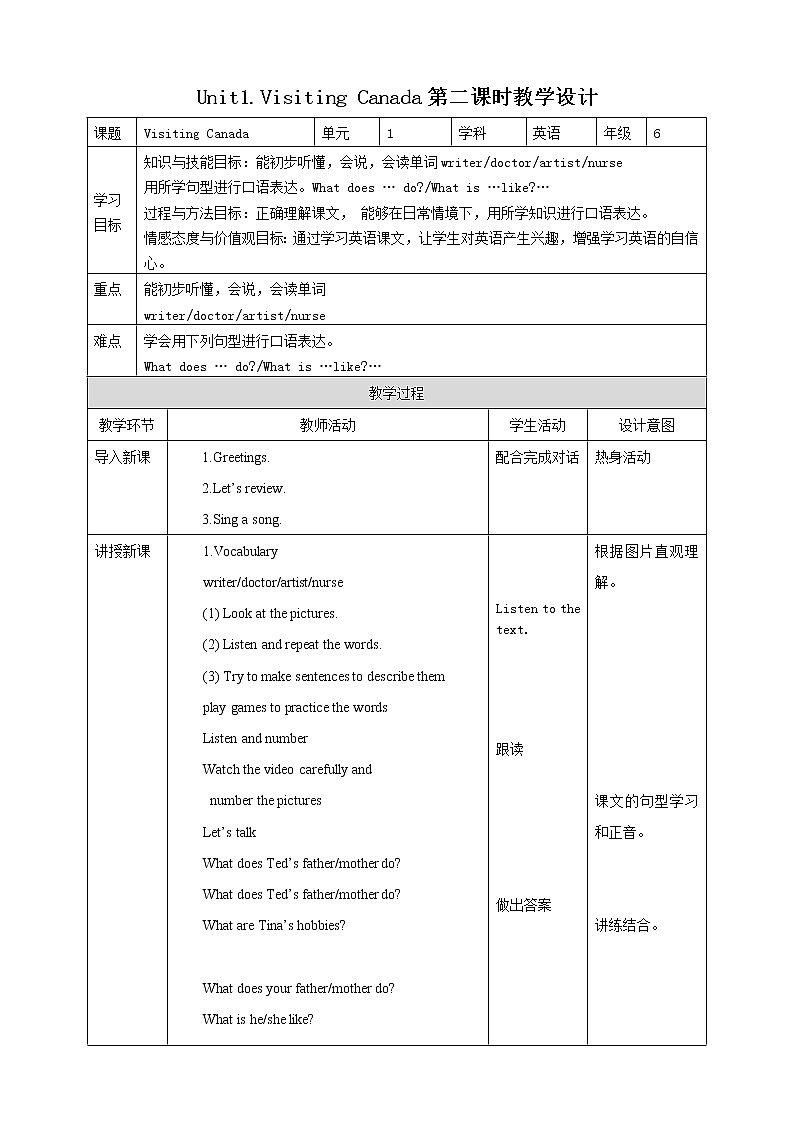 Unit 1 Visiting Canada 第二课时人教新起点六下 课件+教案+练习01