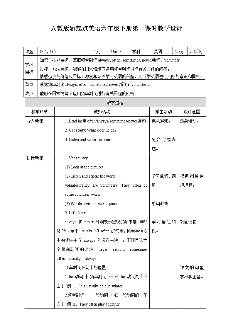 Unit 3 Daily Life 第一课时人教新起点六下 课件+教案+练习01