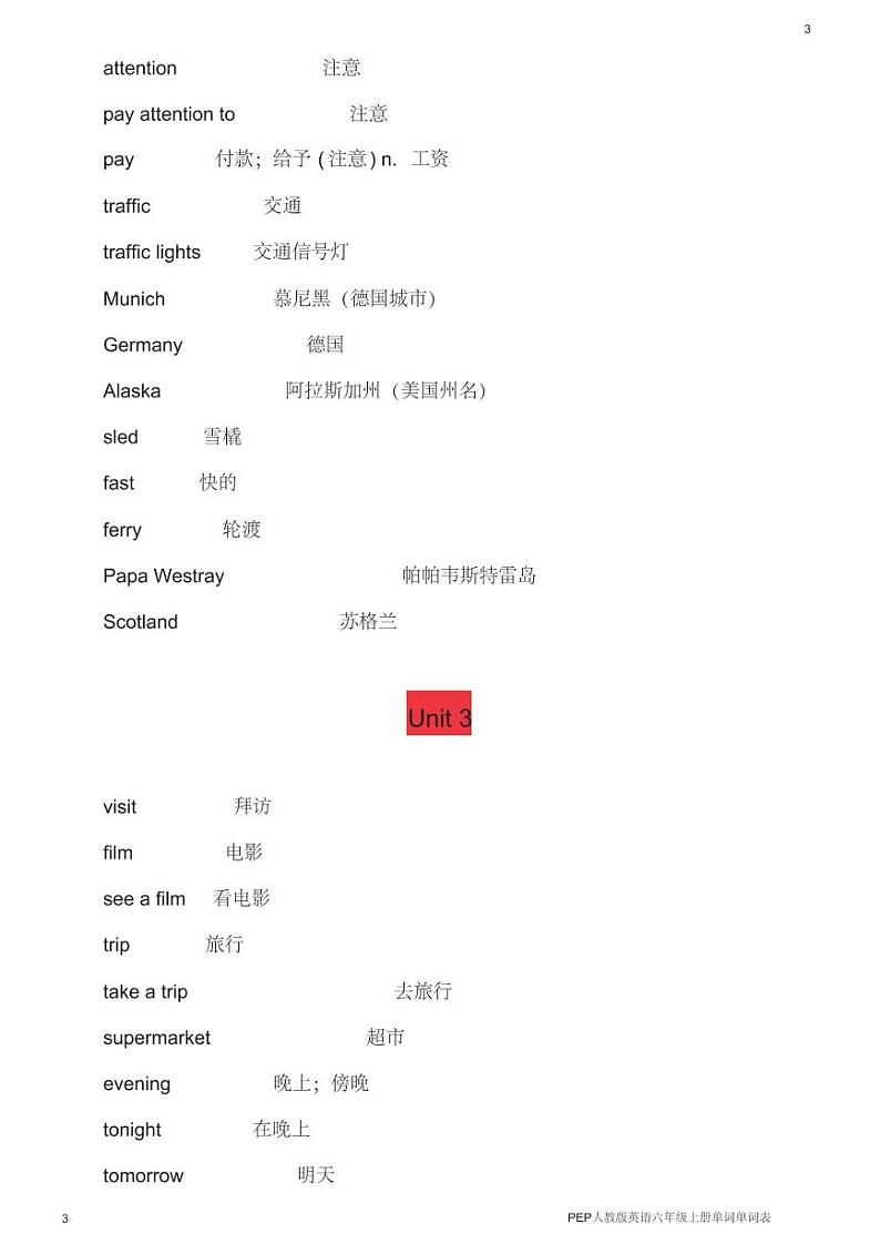 六年级英语上册  单词表（人教版PEP）第3页