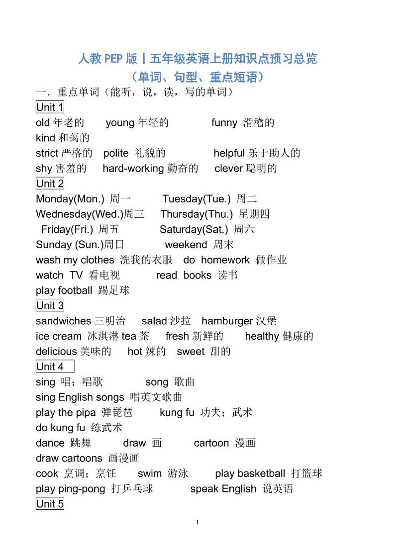 人教PEP版丨五年级英语上册知识点预习总览（单词、句型、重点短语）第1页