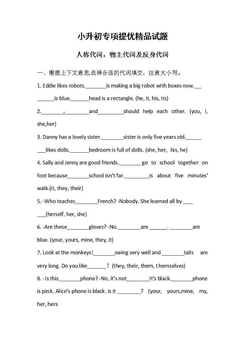 小升初英语专项：代词（含答案） 练习01