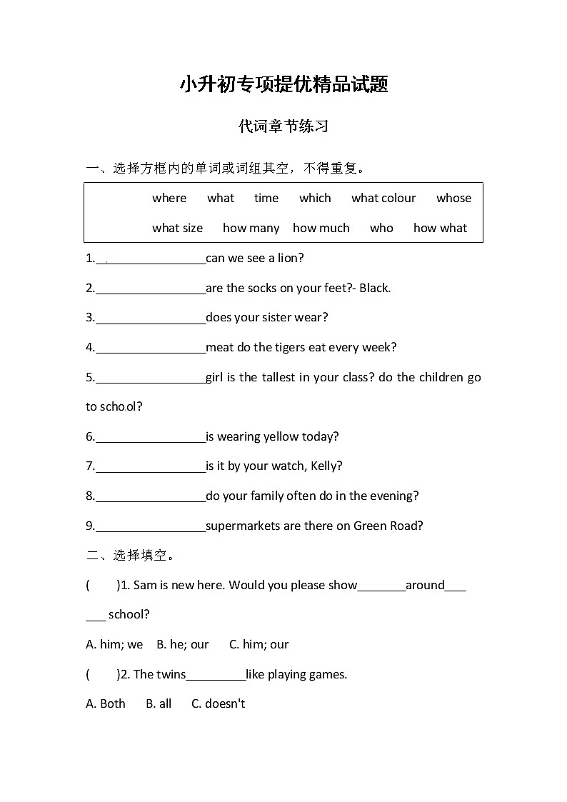 小升初英语专项：代词章节练习（含答案）第1页