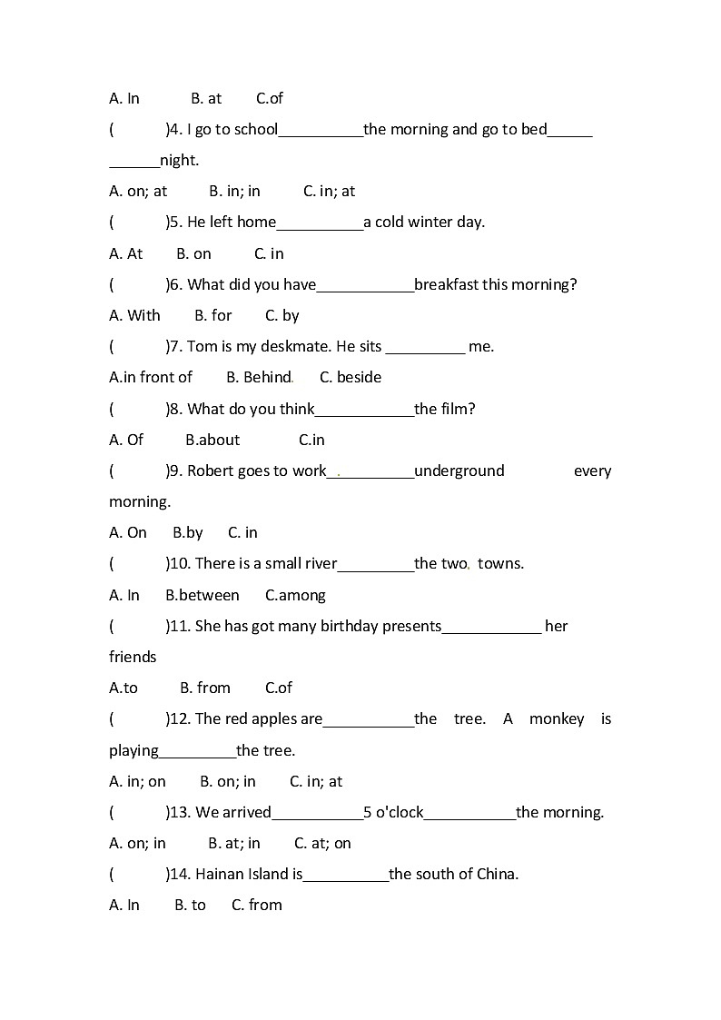 小升初英语专项：介词的章节练习（含答案）第2页