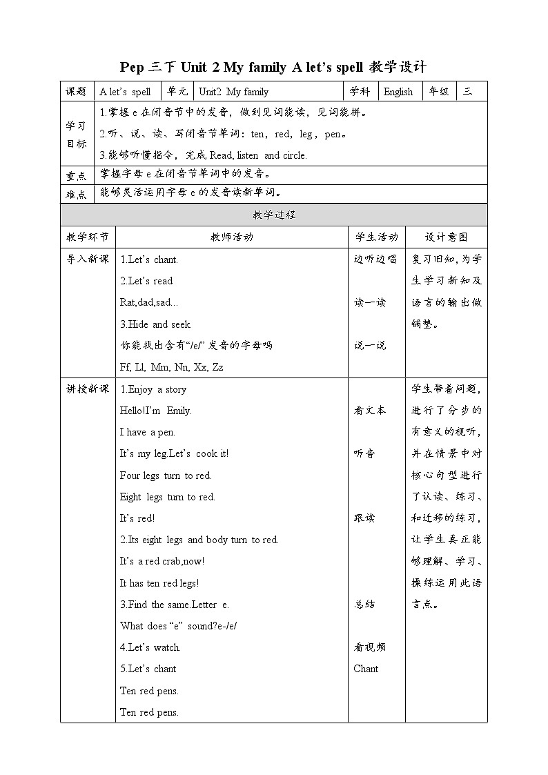 Unit2 My family A let's spell 课件+教案+同步练习01