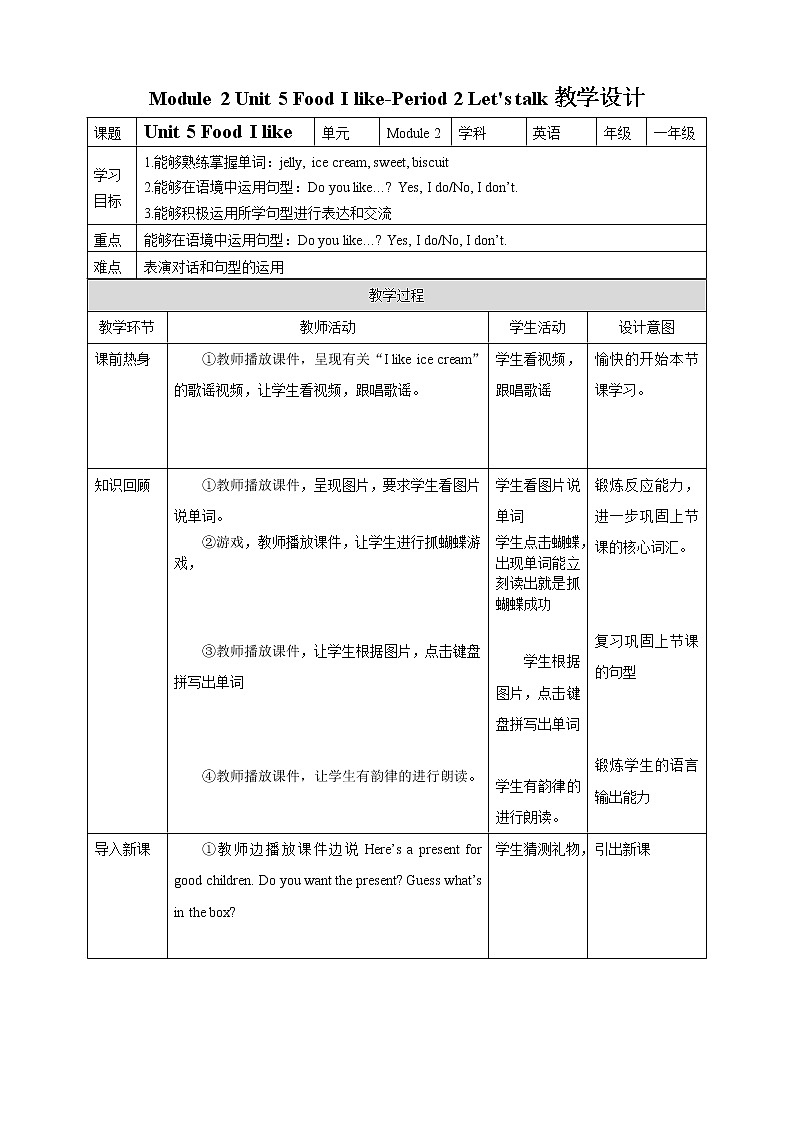 Module 2 Unit 5 Food I like-Period 2 Let's talk 课件+教案+习题01