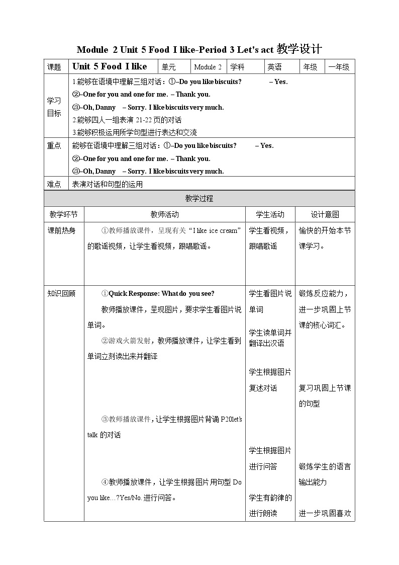 Module 2 Unit 5 Food I like-Period 3 Let's act 课件+教案+习题01