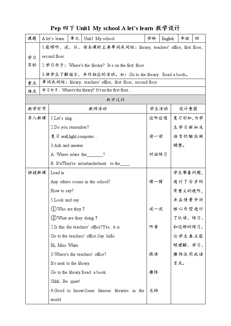 Unit1 My school A let's learn 课件 教案 同步练习01