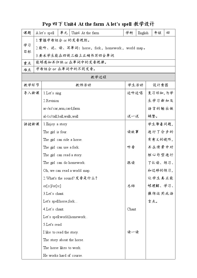 Unit4 At the farm A let's spell 原创名师优课 教案 同步练习01