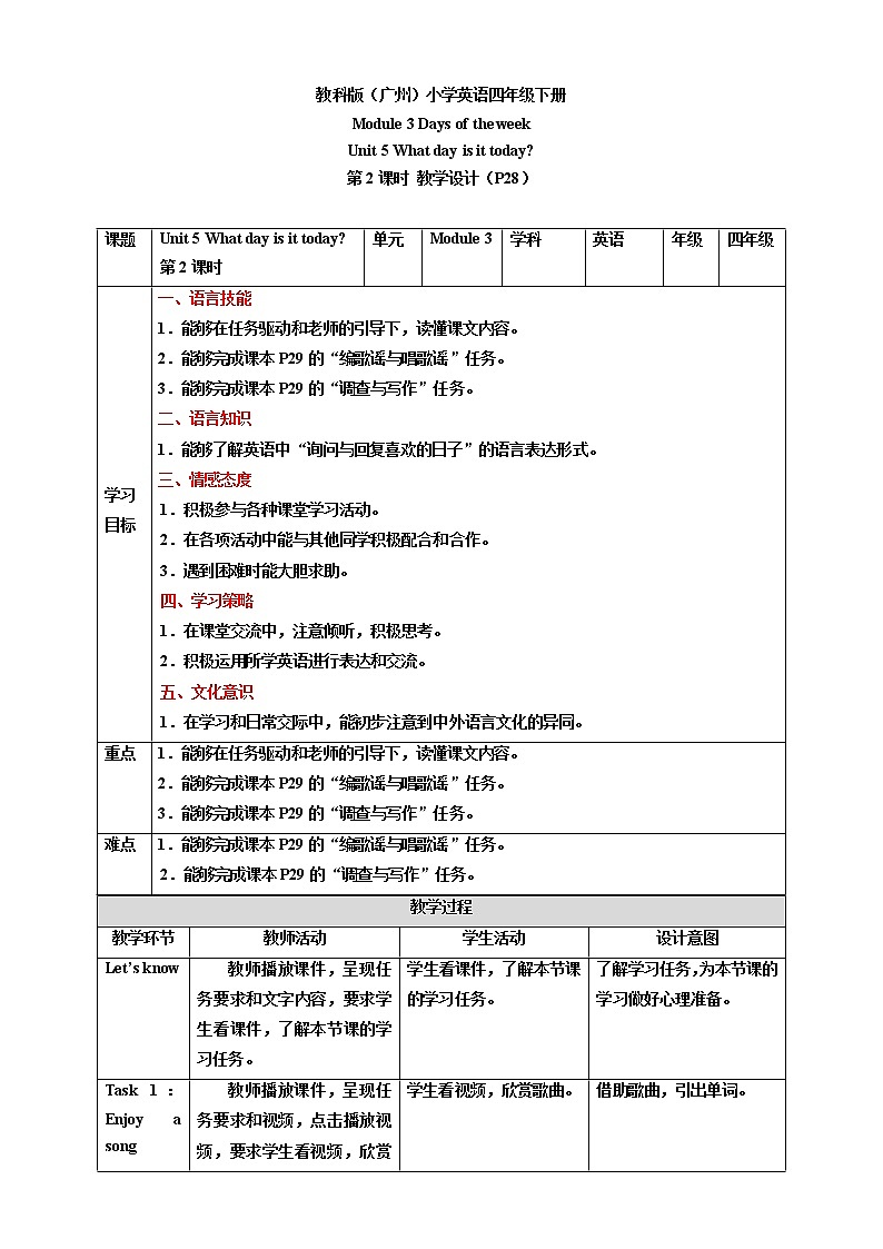 Module 3 Days of the week Unit 5 What day is it today（ 第2课时 ）课件+教案+习题（含答案）+素材01