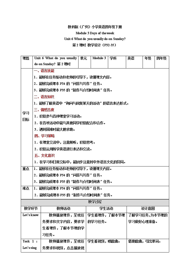 Module 3 Days of the week Unit 6 What do you usually do on Sunday （ 第2课时 ）课件+教案+习题（含答案）+素材01