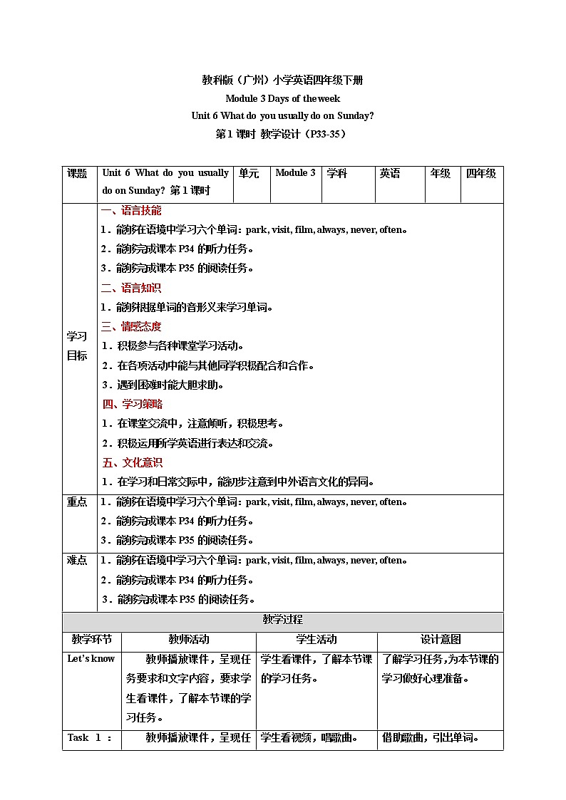 Unit 6 What do you usually do on Sunday （第1课时） 教学设计第1页