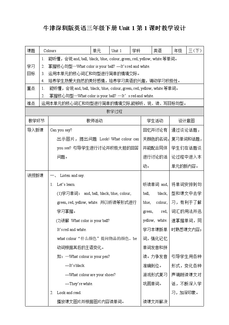 Unit 1 Colours 第一课时 课件+教案+习题01