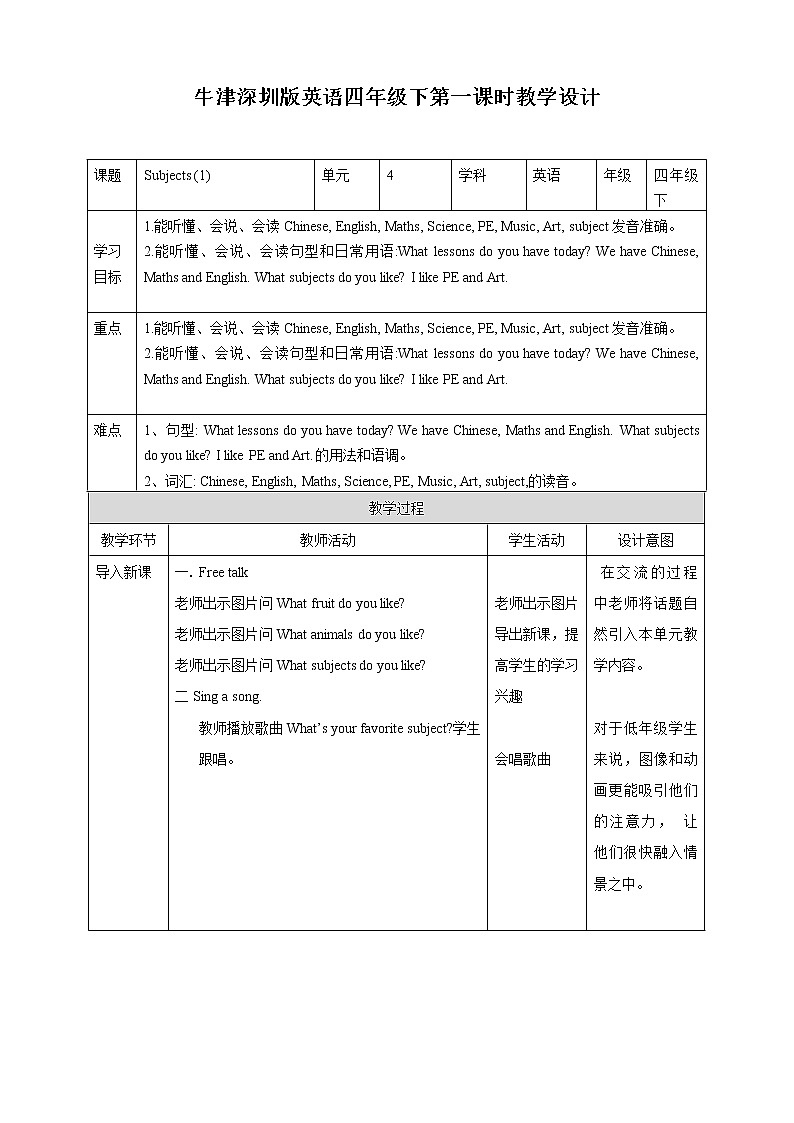 Unit 4 Subjects 第一课时 课件+教案+习题01