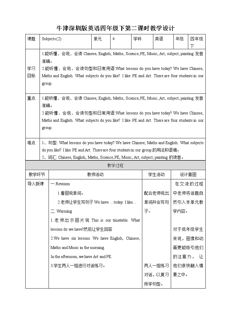 Unit 4 Subjects 第二课时 课件+教案+习题01