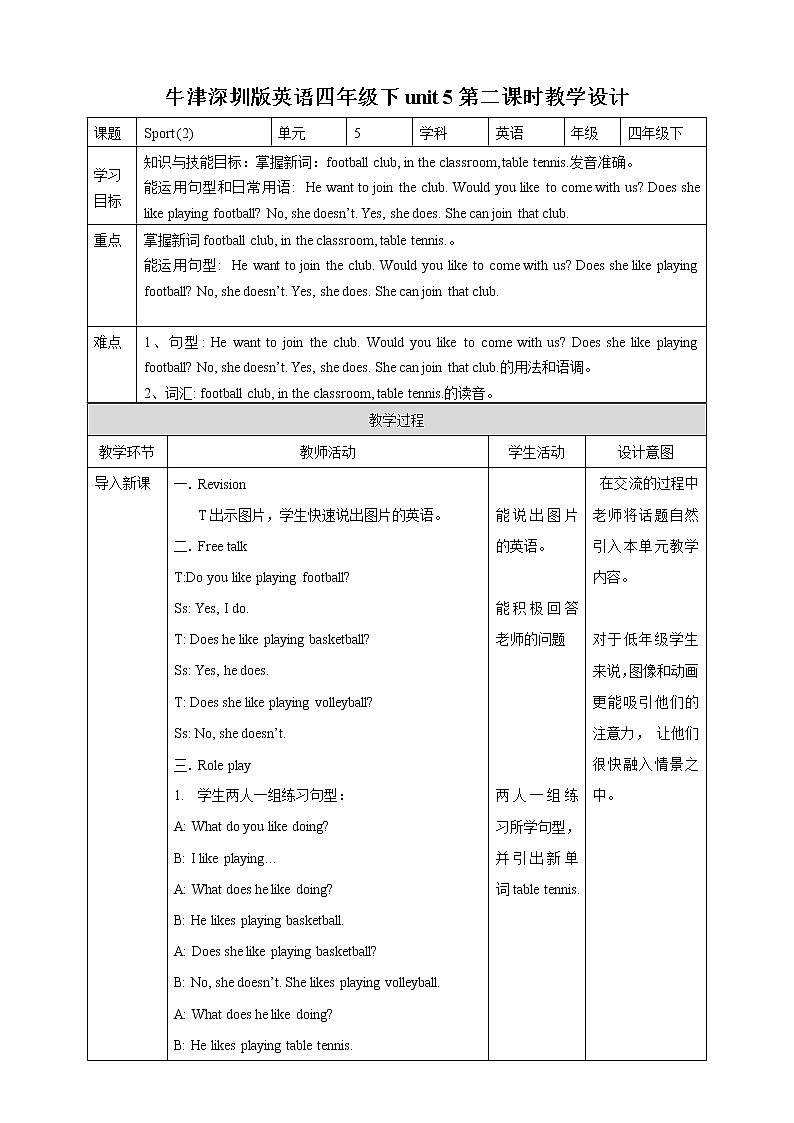 牛津深圳版四年级英语下Unit 5(2) 教案第1页