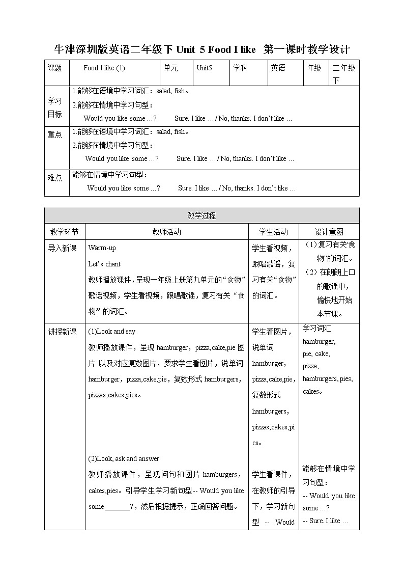 Unit 5 Food I like 第一课时 课件+教案+练习01