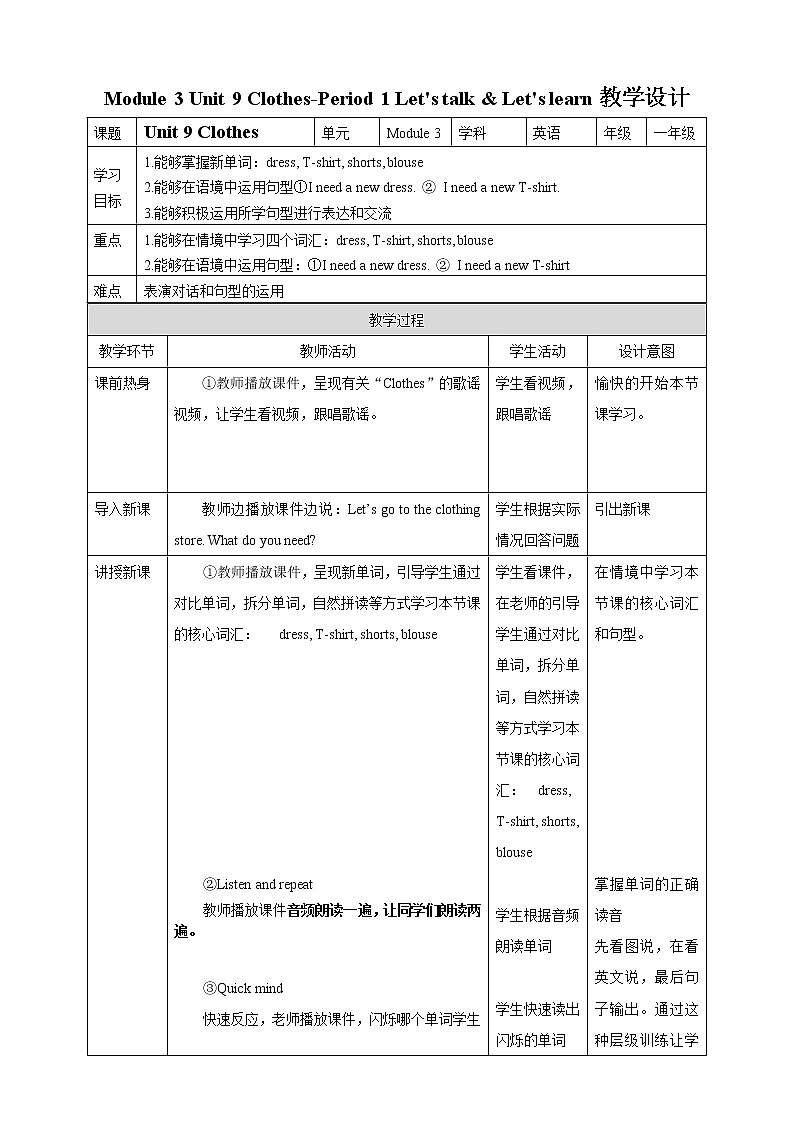 Module 3 Unit 9 Clothes-Period 1 Let's talk & Let's learn 课件+教案+练习01