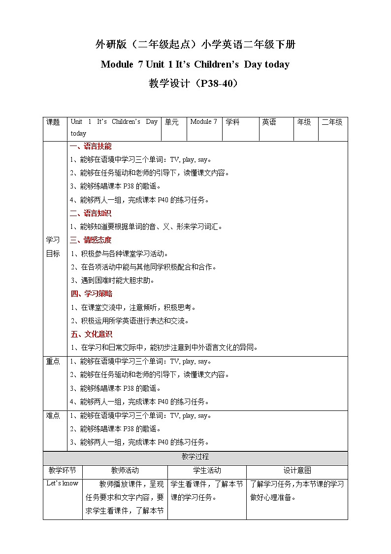Module 7 Unit 1 It's Children's Day today 课件+教案+练习01