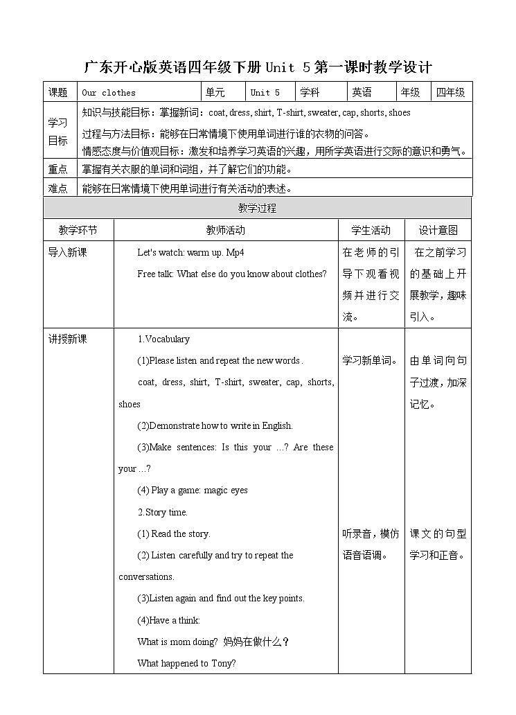 Unit 5 Our clothes第一课时（课件+教案+习题）01